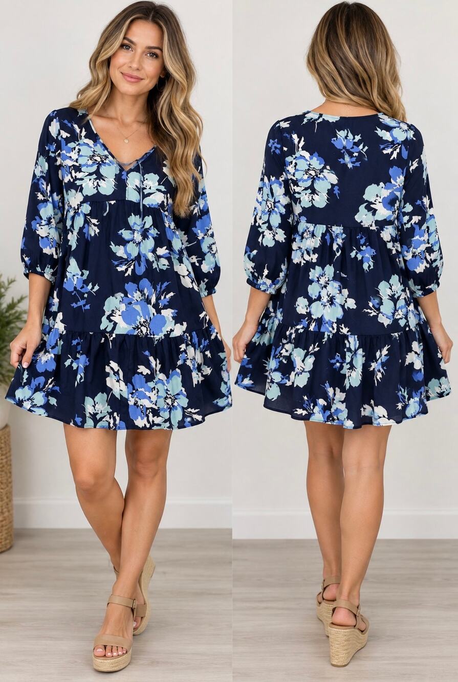 Ellen Tracy XL Navy Blue Floral Tiered Babydoll Dress 3/4 Sleeve NWT
